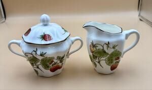 Coalport Strawberry Creamer & Covered Sugar Bowl Set Bone China England